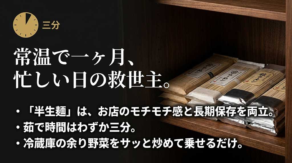 常温で一ヶ月保存可能、茹で時間わずか三分。お店のモチモチ感と長期保存を両立した半生麺の解説