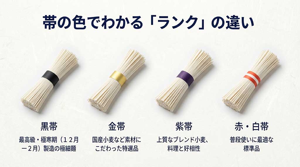 黒帯（最高級）、金帯（特選品）、紫帯（上質ブレンド）、赤・白帯（標準品）の違いをまとめたスライド