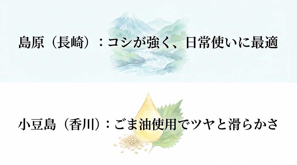 コシが強い島原そうめんと、ごま油で滑らかな小豆島そうめんの特徴比較