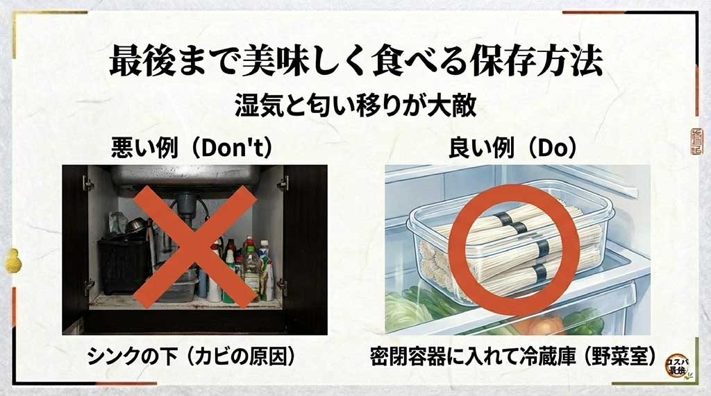 湿気と匂い移りを防ぐため、シンク下を避け密閉容器に入れて冷蔵庫の野菜室で保存する方法