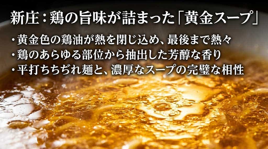 黄金色の鶏油が特徴的な新庄の鶏中華と、鶏の旨味が凝縮されたスープ、平打ちちぢれ麺の相性を説明するスライド