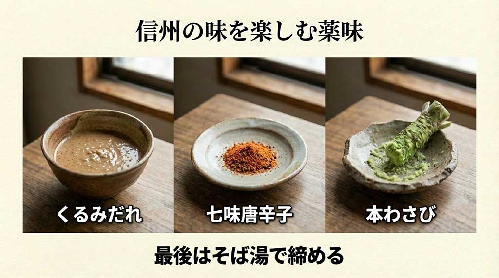 信州そばを楽しむ薬味・くるみだれや七味唐辛子