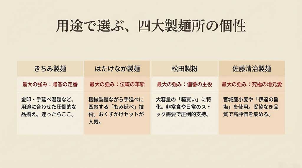 きちみ製麺、はたけなか製麺、松田製粉、佐藤清治製麺のそれぞれの強みと特徴をまとめた比較表