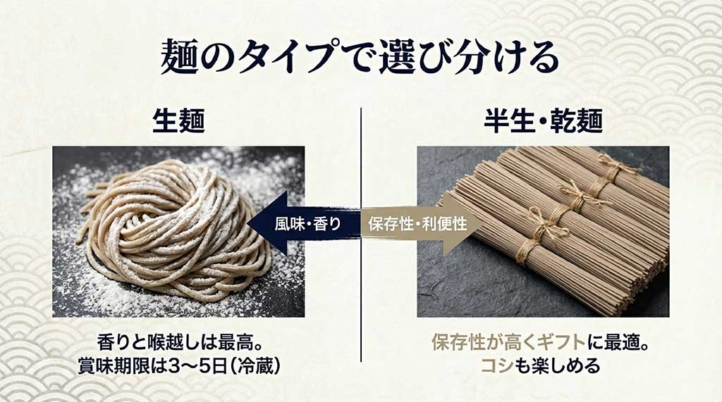 通販で選べる蕎麦の種類（生・半生・乾麺）ごとの保存期間や食感、おすすめの用途を比較した図解