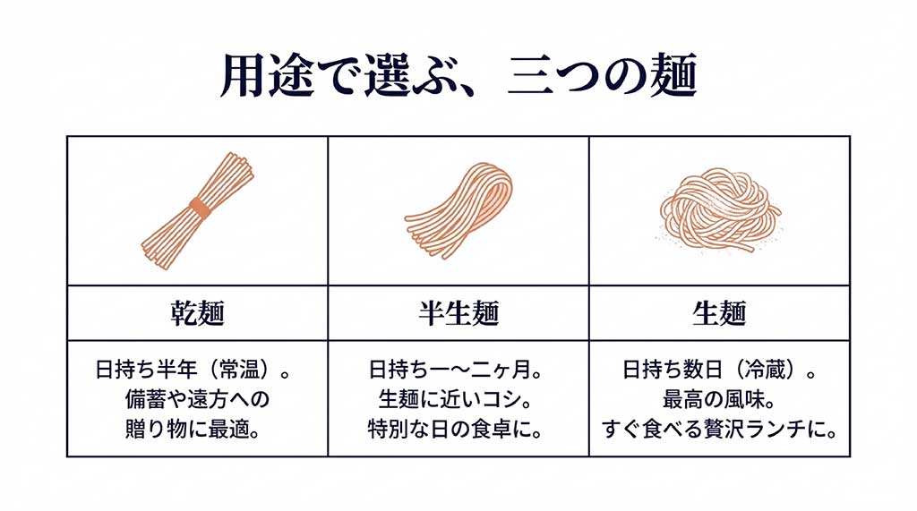 出石そばの「乾麺」「半生麺」「生麺」それぞれの賞味期限、保存方法、用途の違いをまとめた比較表
