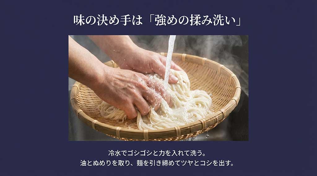 茹で上がったそうめんを冷水で力強く揉み洗いする様子。油とぬめりを取り、ツヤとコシを出す工程