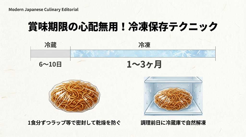 冷蔵で6〜10日、冷凍で1〜3ヶ月という保存期間の比較と、密封保存・自然解凍のコツを示した図。