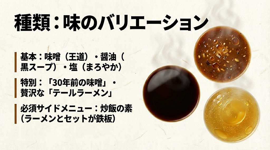 味噌・醤油・塩の基本3種に加え、30年前の味噌やテールラーメン、炒飯の素などのバリエーション紹介