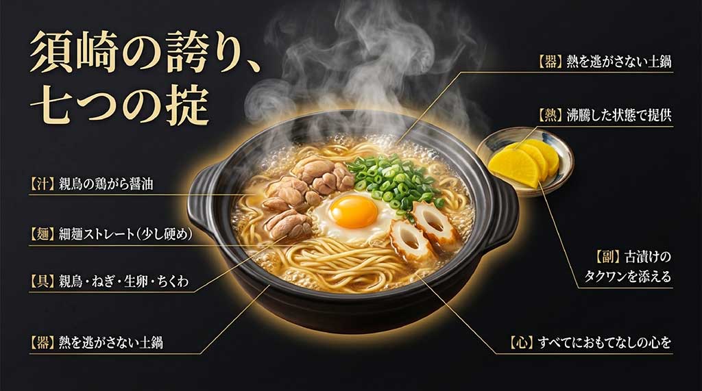 須崎鍋焼きラーメンを定義する7つの掟（土鍋、鶏がら醤油、細麺、具材、沸騰、タクワン、おもてなし）をまとめたスライド