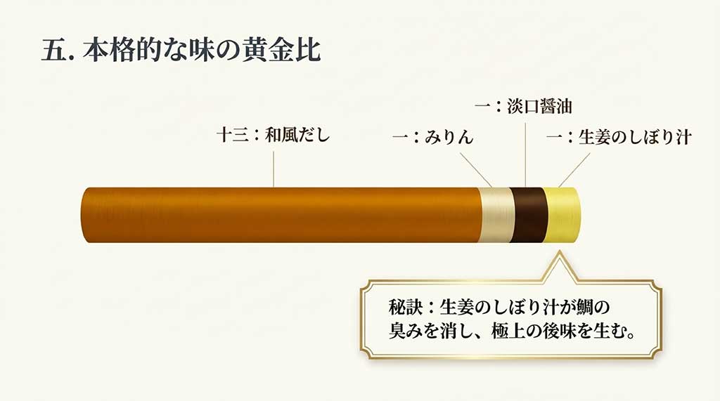 和風だし13、淡口醤油1、みりん1、生姜のしぼり汁1の割合と、臭みを消す秘訣を解説したレシピスライド