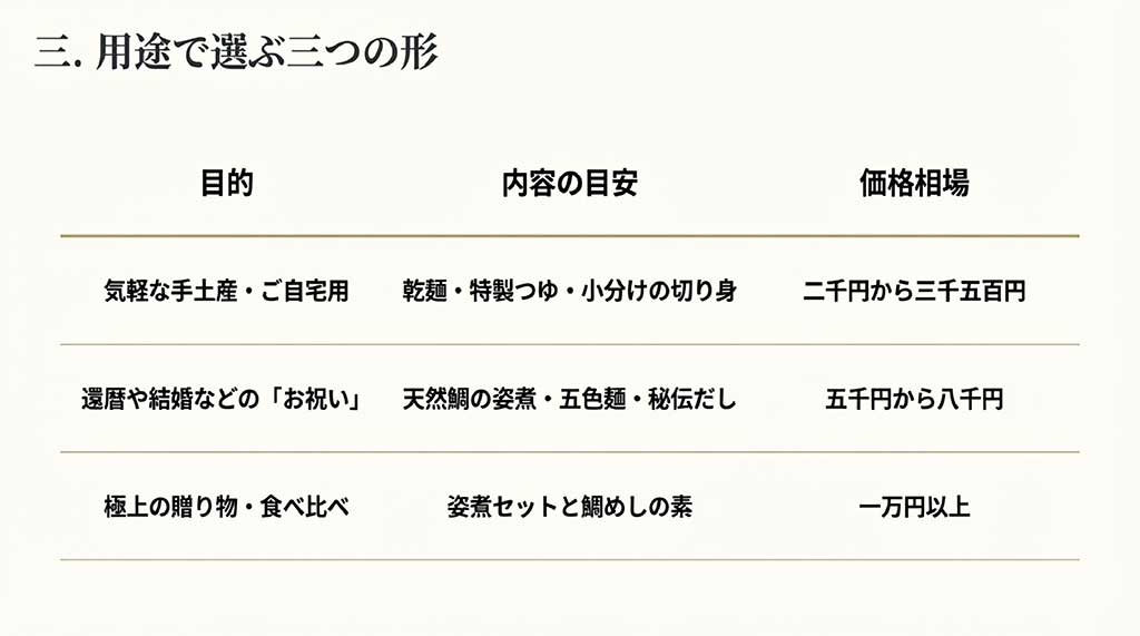 家庭用（2,000円〜）、お祝い用（5,000円〜）、極上の贈り物用（10,000円以上）の価格帯と内容の目安をまとめた比較スライド