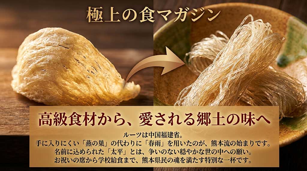 太平燕のルーツが中国福建省であること、燕の巣の代わりに春雨を用いたこと、「太平」が平和を願う意味であることを説明するスライド