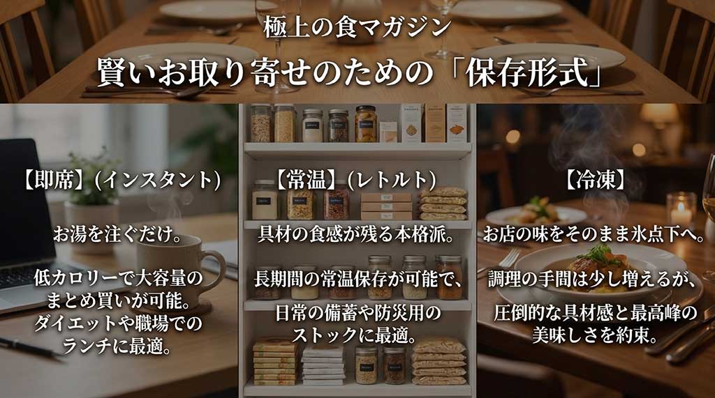 太平燕の保存形式（インスタント、レトルト、冷凍）ごとの特徴と、備蓄や職場ランチなどの活用シーンガイド