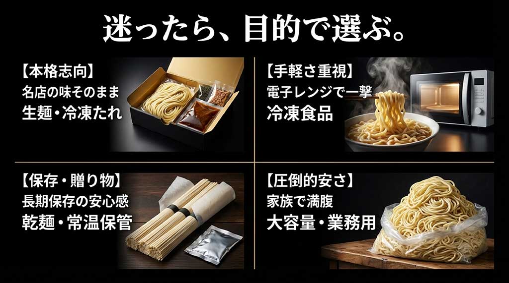 本格志向の生麺、手軽さ重視の冷凍食品、贈り物用の乾麺、安さ重視の業務用など、目的に合わせた選び方の比較表スライド