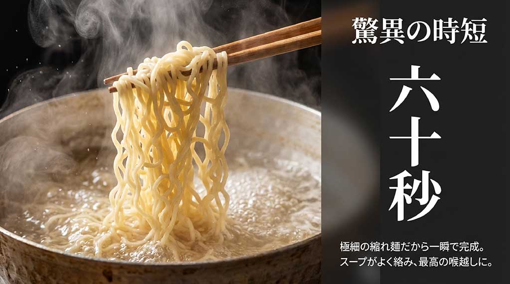 茹で時間60秒という驚異の時短を実現する高山ラーメンの極細縮れ麺のイメージ画像と解説