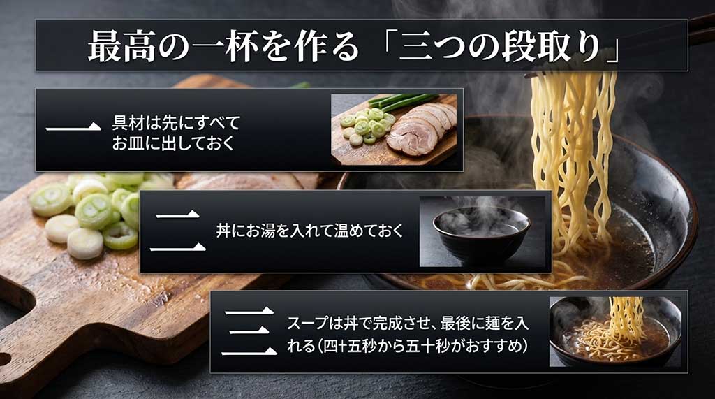 高山ラーメンを美味しく作るための3つの段取り。具材の準備、丼の予熱、スープと麺の仕上げ順を解説
