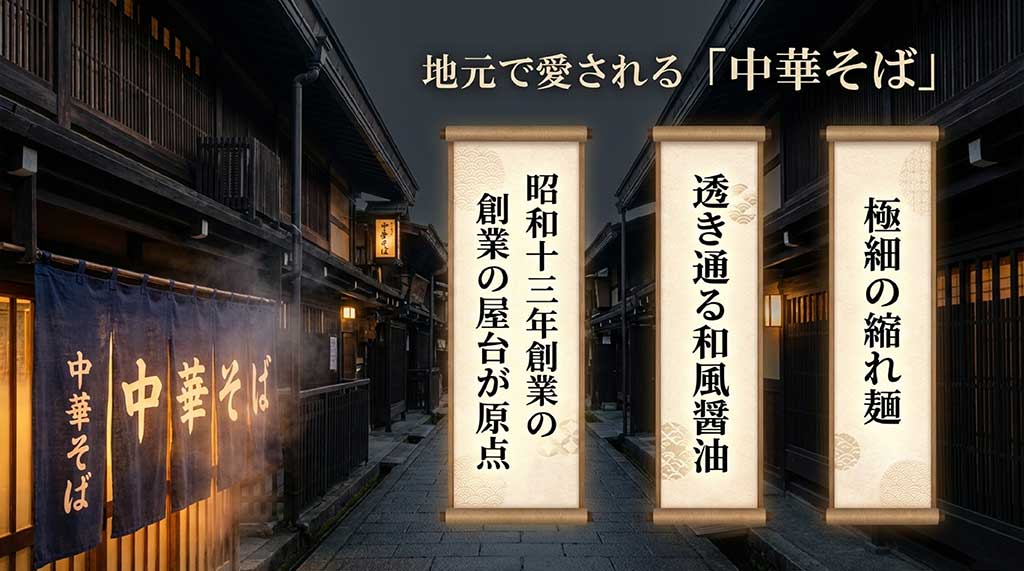 高山ラーメンの特徴である極細縮れ麺、和風醤油スープ、昭和13年創業の屋台がルーツであることを説明する図解