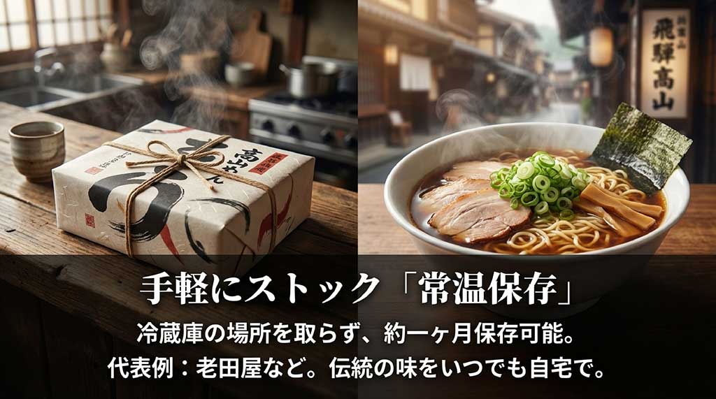 約1ヶ月の保存が可能でストックに便利な常温保存タイプの高山ラーメン。代表例として老田屋を紹介