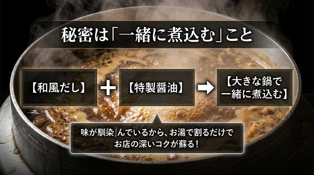 和風だしと特製醤油を一緒に煮込むことで深いコクが生まれる高山ラーメン独自のスープ製法の図解