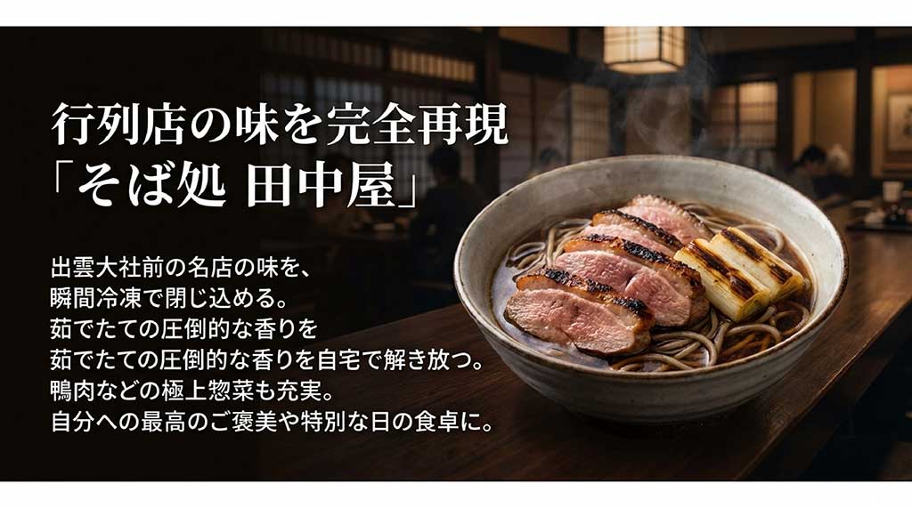 行列店「そば処 田中屋」の茹でたての香りを瞬間冷凍で閉じ込めた、お取り寄せ商品の特徴と魅力を紹介するスライド