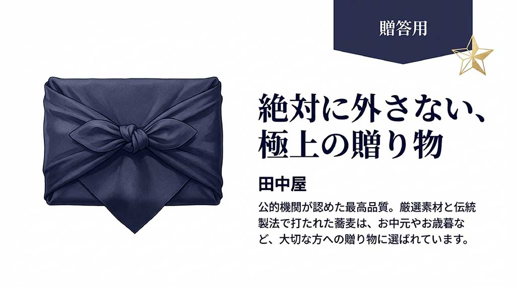 兵庫県「五つ星ひょうご」に選定された田中屋の最高級出石そばギフト。風呂敷包みのイメージ