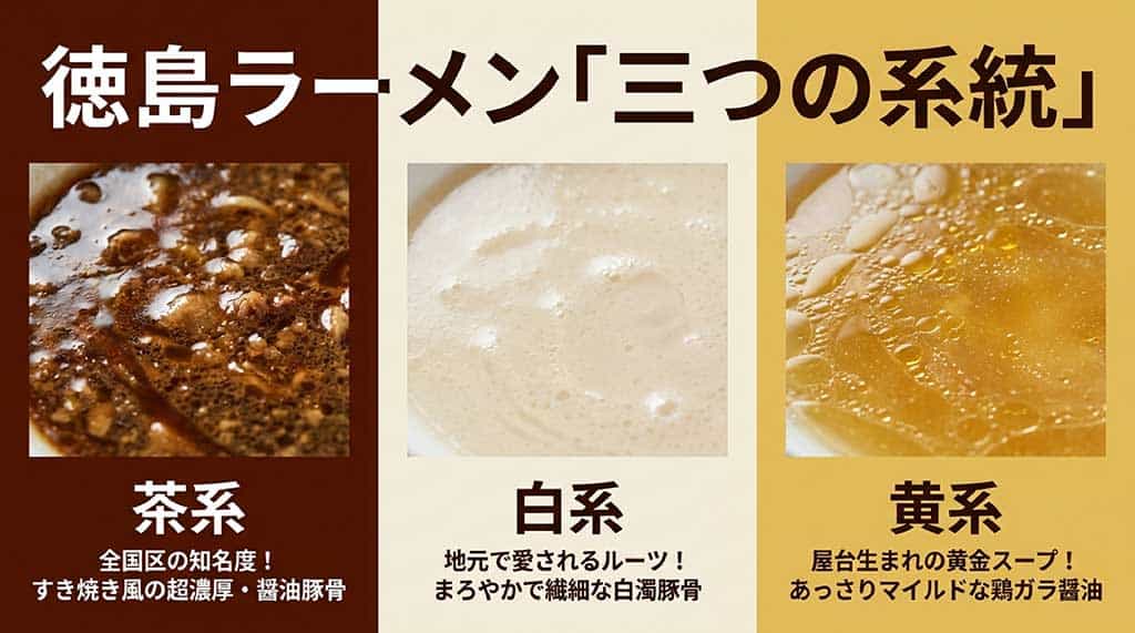 徳島ラーメンの三系統(茶系・白系・黄系)のスープの色味の違いと、それぞれの特徴(濃厚醤油豚骨、まろやか白濁豚骨、黄金鶏ガラ醤油)のまとめ