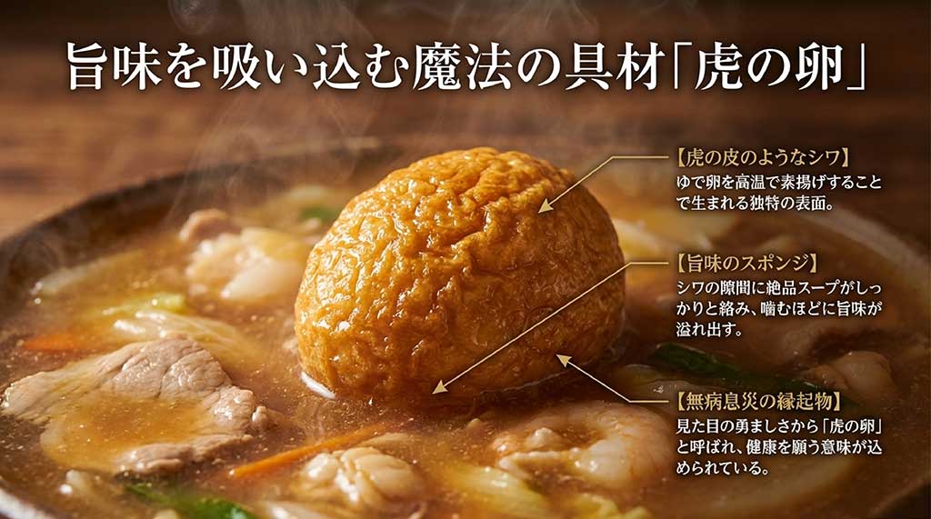 揚げ卵の表面のシワを虎の皮に見立てた「虎の卵」の解説。スープが絡む仕組みと無病息災の縁起物としての意味