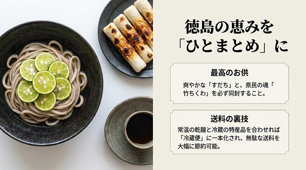 すだちや竹ちくわを蕎麦と一緒に冷蔵便で送ることで送料を一本化する裏技の解説