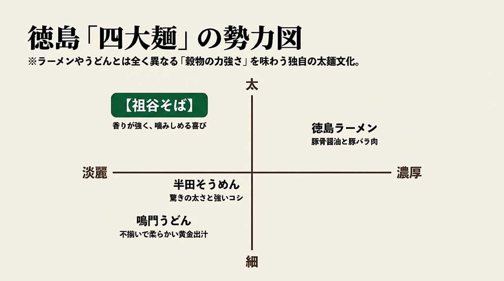 徳島の代表的な4つの麺類（祖谷そば、ラーメン、うどん、そうめん）を太さと濃厚さで分けたマップ