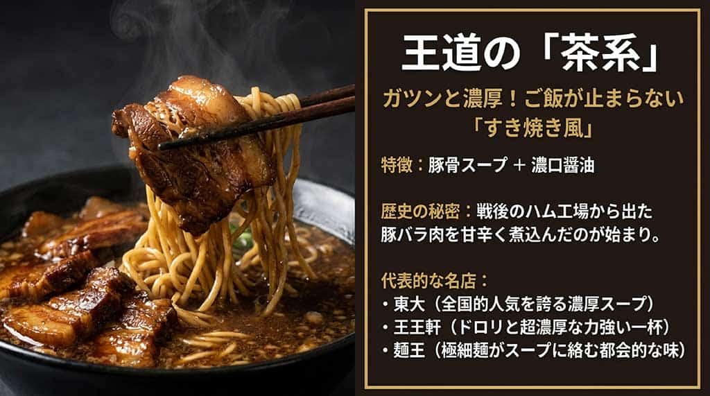 徳島ラーメン茶系のビジュアル。豚骨スープと濃口醤油の濃厚な味わい、歴史の背景にある豚バラ肉の使用について解説