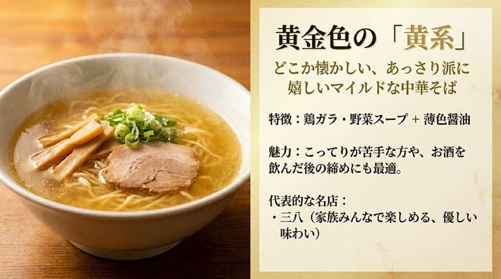 徳島ラーメン黄系の特徴。鶏ガラ・野菜ベースの黄金スープで、あっさりマイルドな味わいが魅力であることを解説