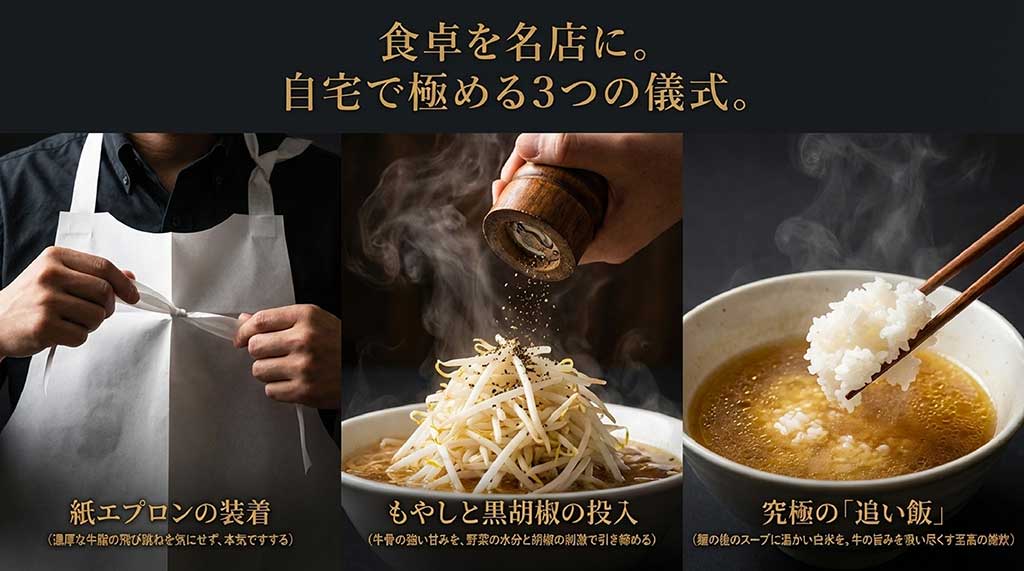もやしと黒胡椒の投入、紙エプロンの装着、そしてスープに白米を入れる「追い飯」の3つの儀式