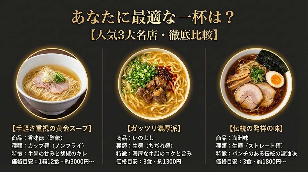 香味徳、いのよし、満洲味の3大名店を、種類、特徴、価格目安で徹底比較したスライド