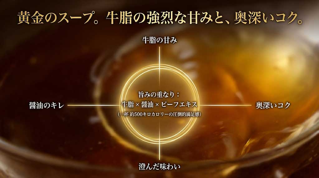 牛脂、醤油、ビーフエキスの旨みが重なる、一杯約500キロカロリーの満足感がある黄金スープの解説