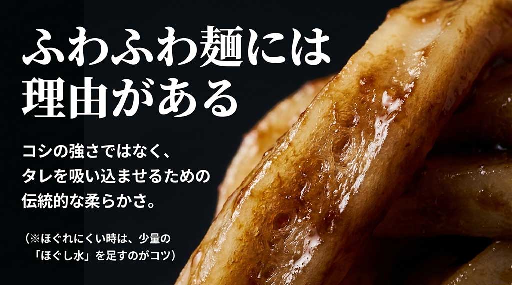 コシではなくタレを吸い込ませるための柔らかい麺と、ほぐし水のコツを解説したスライド