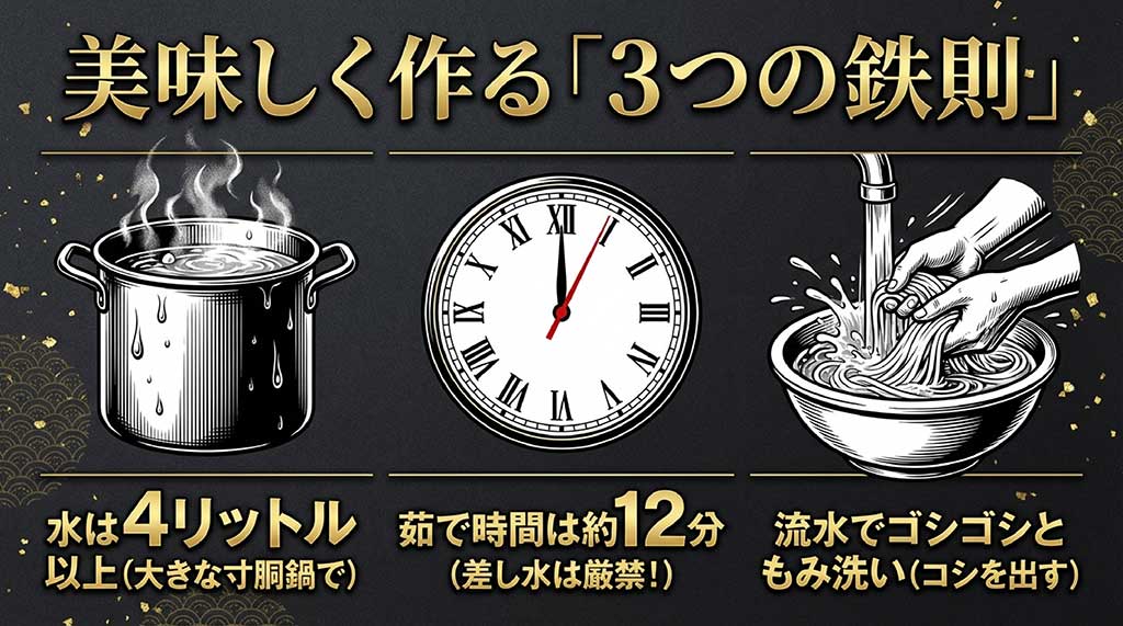 4リットルのお湯で約12分茹で、差し水厳禁で、仕上げに流水でしっかりもみ洗いするという調理のポイントを説明した図解