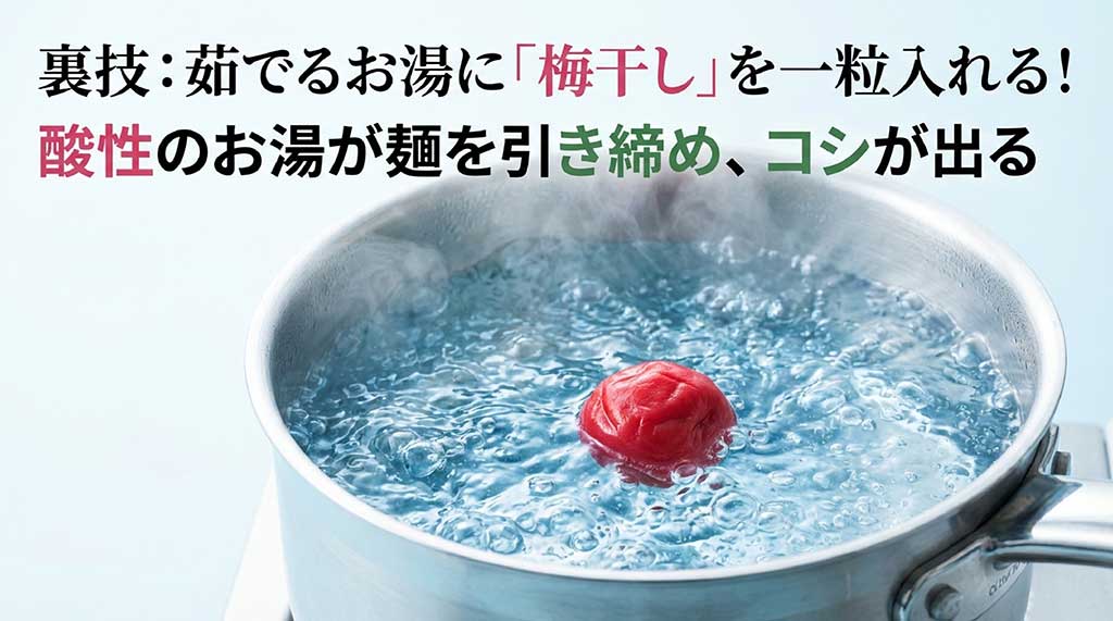 茹でるお湯に梅干しを一粒入れることで麺を引き締めコシを出す裏技の解説