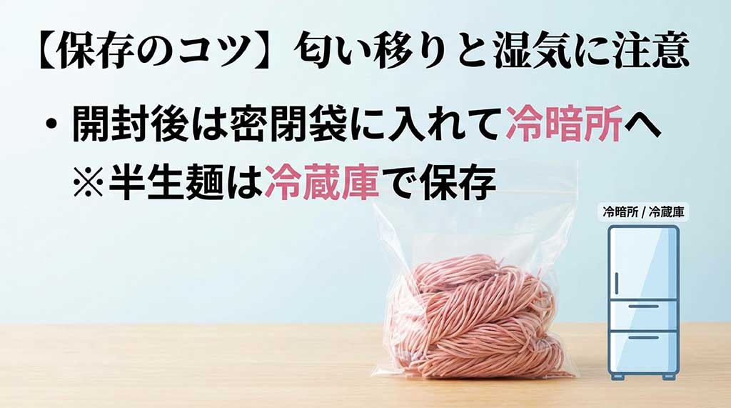 開封後の密閉保存や半生麺の冷蔵保存など、梅そうめんを美味しく保つコツ
