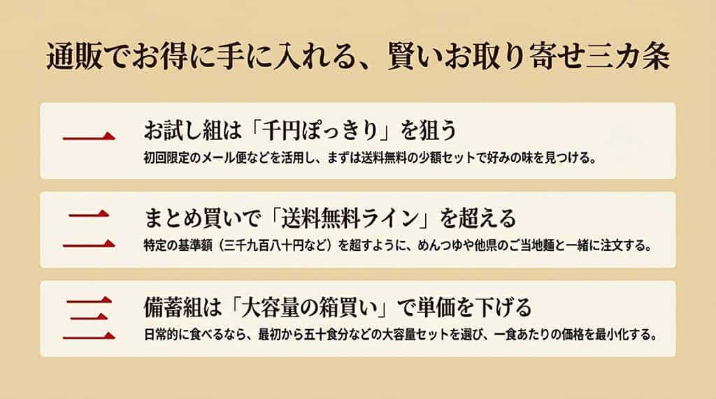 1000円ポッキリセット、送料無料ラインの活用、備蓄用の箱買いといった賢いお取り寄せ方法のまとめ