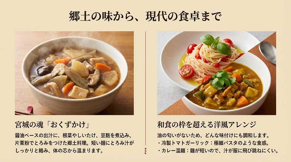 宮城の郷土料理おくずかけ、冷製トマトガーリック、カレー温麺など、多彩な食べ方を紹介するスライド