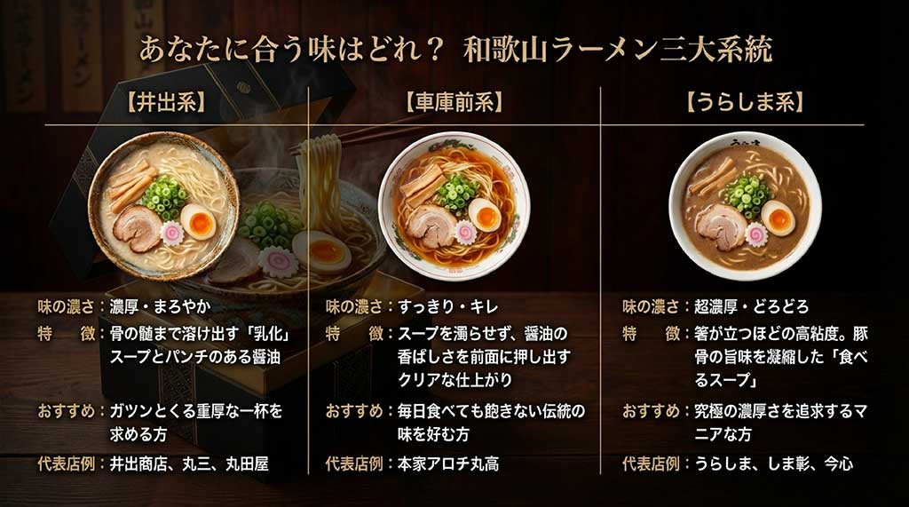 井出系（濃厚まろやか）、車庫前系（すっきりキレ）、うらしま系（超濃厚どろどろ）の3つのラーメン写真と特徴を比較した表