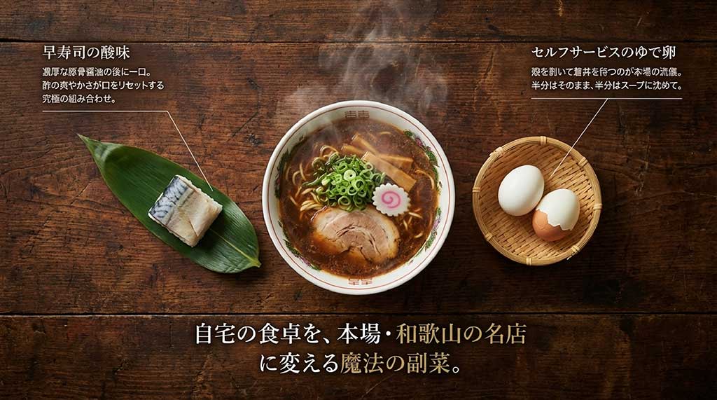 濃厚なスープに合う早寿司の酸味と、セルフサービスのゆで卵という本場の流儀を紹介するスライド