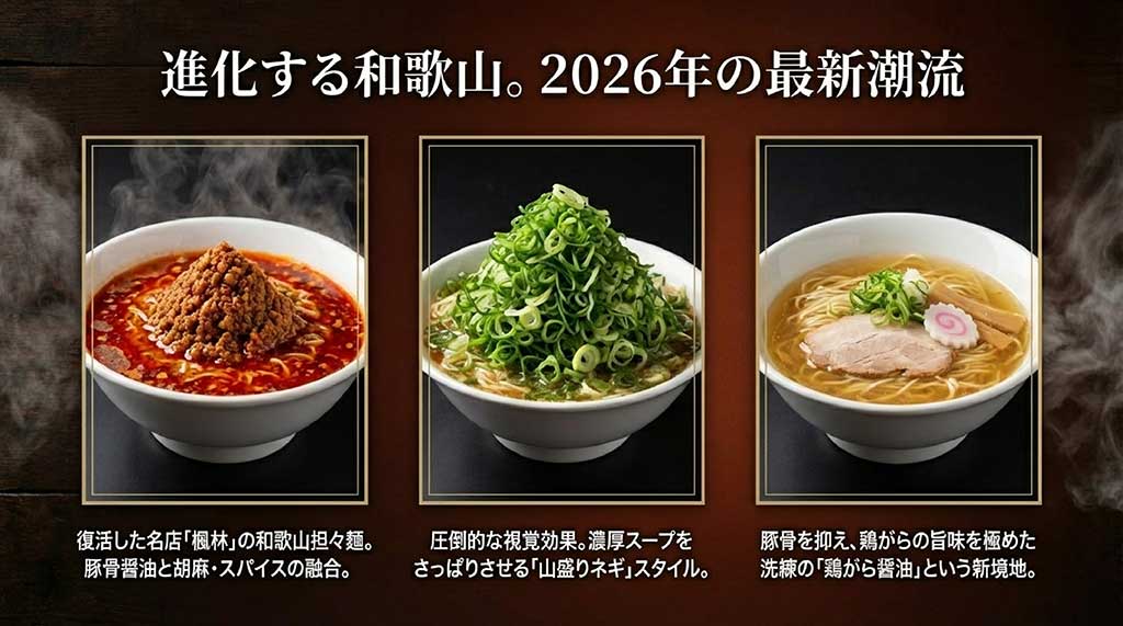 復活した楓林の和歌山担々麺、山盛りネギスタイル、洗練された鶏がら醤油など、進化する和歌山ラーメンの写真