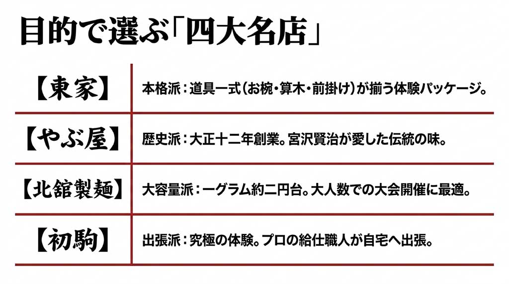 東家（本格派）、やぶ屋（歴史派）、北館製麺（大容量派）、初駒（出張派）の4店舗の特徴をまとめた比較表