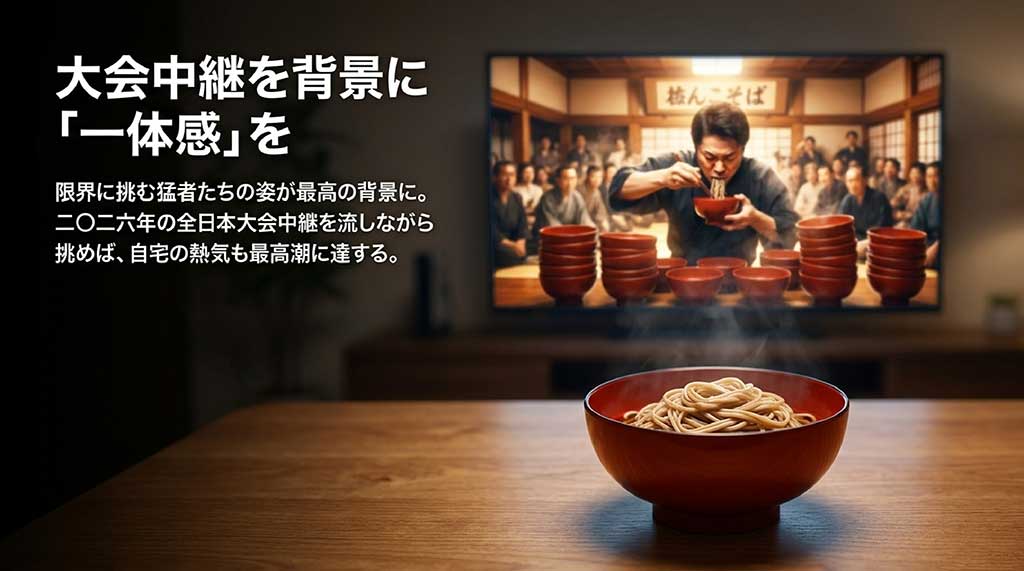 全日本大会の中継を画面に流しながら、自宅でわんこそばを楽しむ「一体感」の演出イメージ