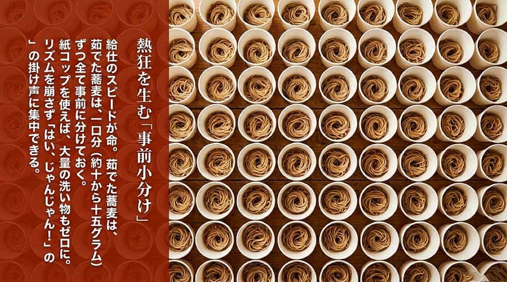 蕎麦を一口分ずつ事前に分けておく重要性と、洗い物を減らすための紙コップ活用の提案スライド