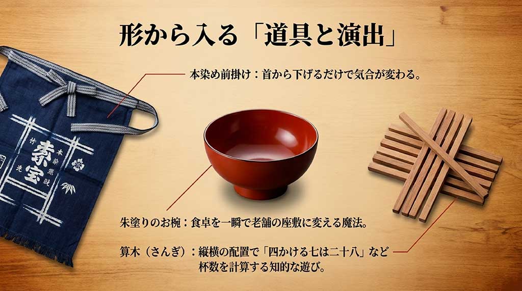本染め前掛け、朱塗りのお椀、算木（さんぎ）といった、本格的な雰囲気を演出するための道具の解説スライド
