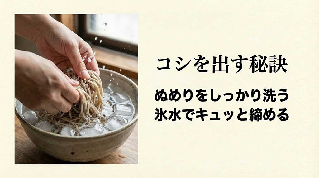 そばのコシを出すために氷水でぬめりを洗い流して締める工程