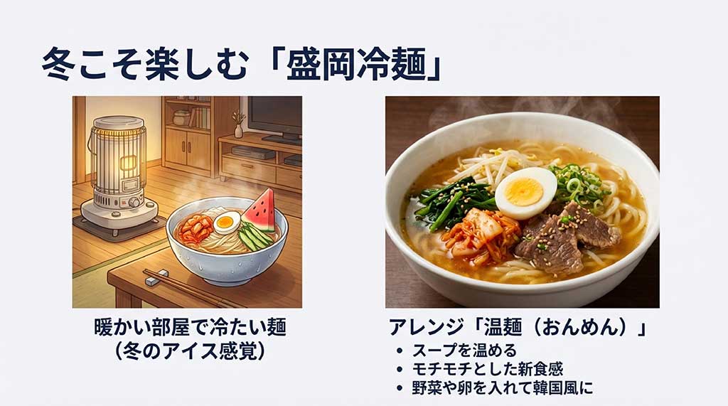 暖かい部屋で冷たい冷麺を食べる贅沢と、スープを温めて野菜や卵を入れる「温麺（おんめん）」へのアレンジ方法を紹介するスライド