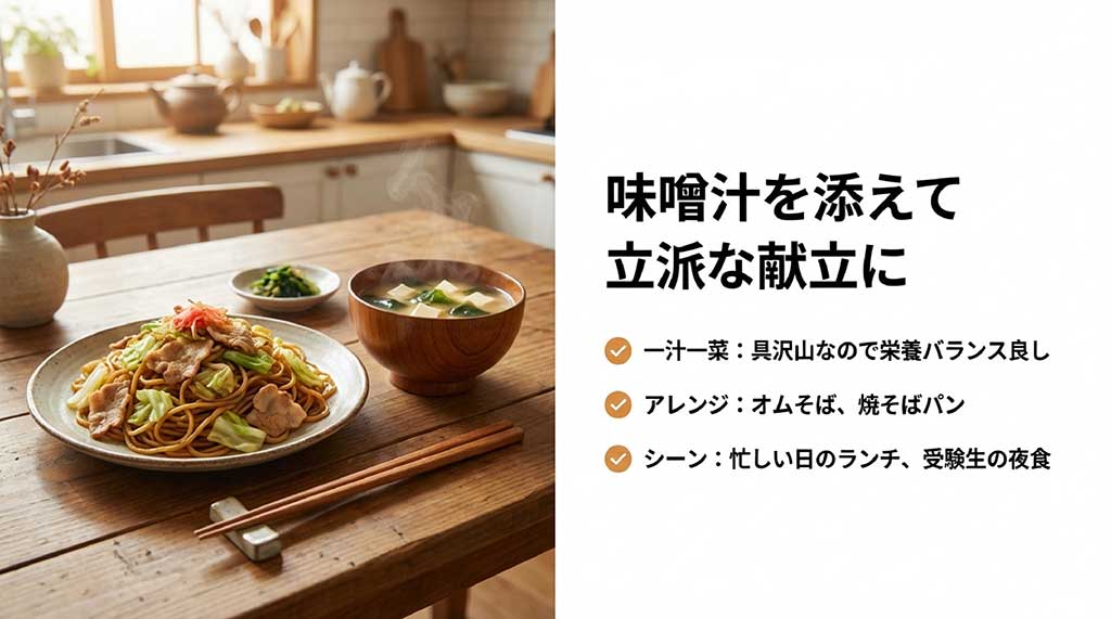 木のテーブルに並んだ焼きそばと味噌汁の画像。一汁一菜の栄養バランスや、オムそば、夜食などの利用シーンを提案している